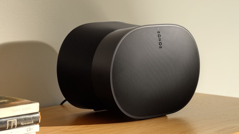 The Sonos Era 300 smart speaker on a desk.