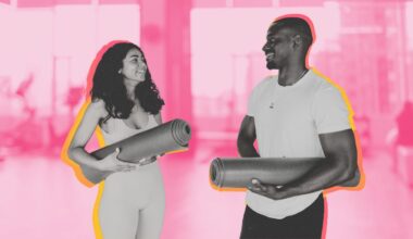 how to talk to your gym crush; a man and woman holding yoga mats flirting at the gym