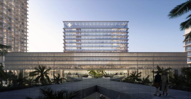 Rendering of the new Good Samaritan Hospital from the pedestrian bridge in West Palm Beach. (Skidmore, Owings & Merrill/Courtesy)