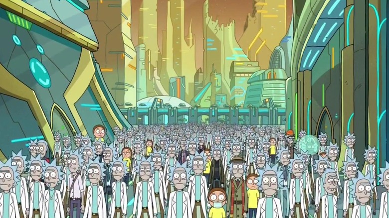 A vast crowd of Ricks and Mortys fills the streets of the Citadel in The Ricklantis Mixup.