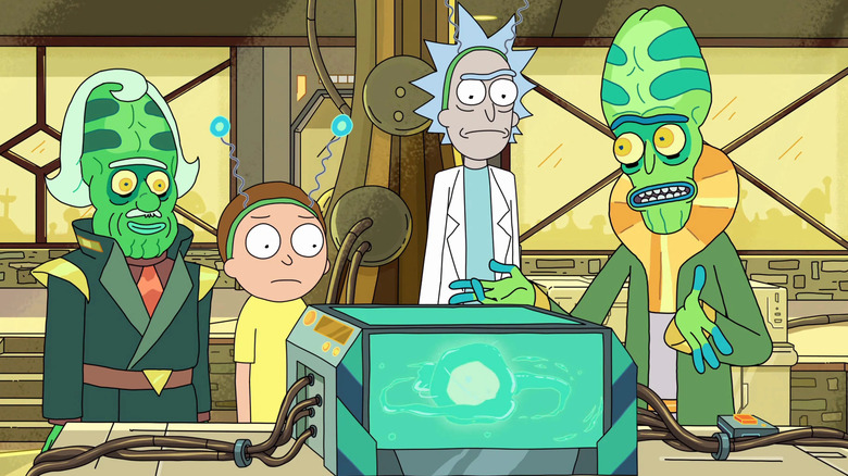Alien scientist Zeep explaining his miniverse battery to Rick and Morty.
