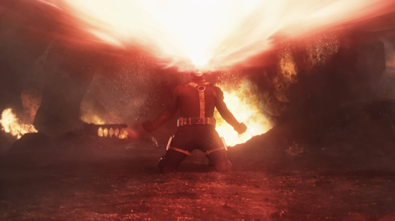 James Marsden's Scott Summers/Cyclops looks up as he blasts an energy beam from his eyes in a trailer for Avengers Doomsday