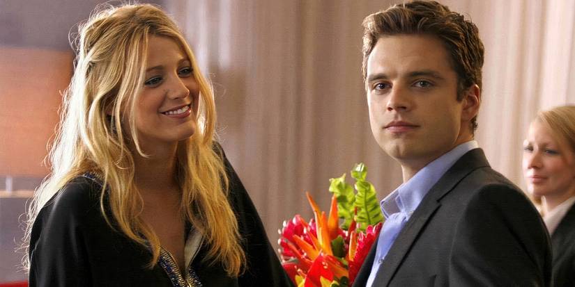 Blake Lively and Sebastian Stan as Serena and Carter wearing a black dress and grey suit in 'Gossip Girl.'