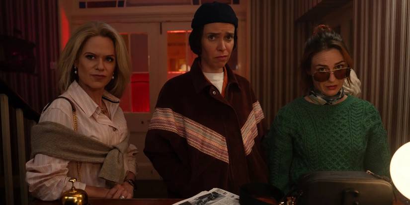 The women stand in a motel lobby in How to Get to Heaven from Belfast