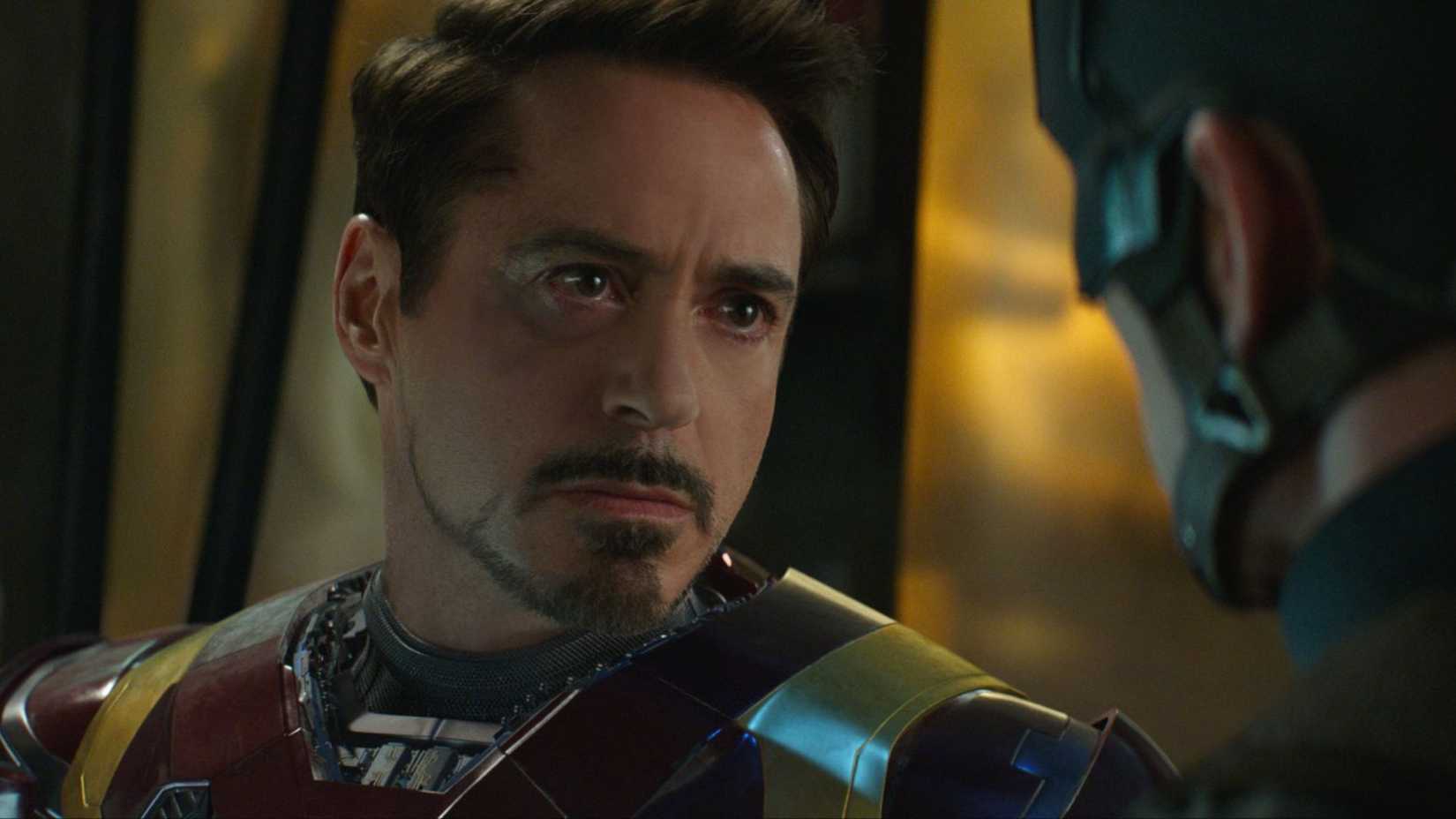 Tony Stark staring intensely at Steve Rogers in Captain America Civil War