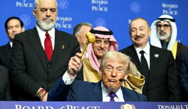 U.S. president Trump at the first Board of Peace meeting. He is surrounded by world leaders who attended the Washington, DC meeting in February, 2026.