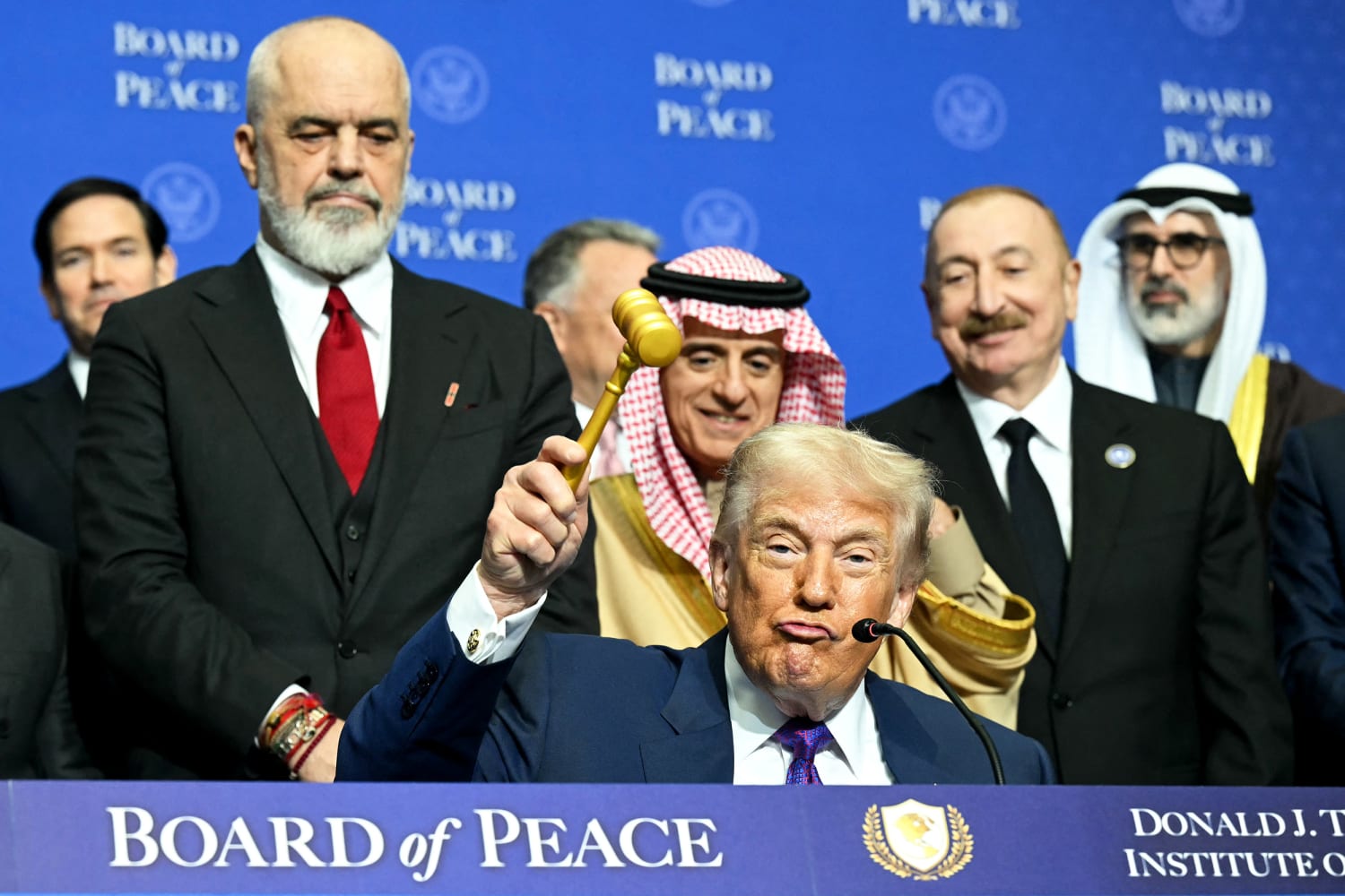 U.S. president Trump at the first Board of Peace meeting. He is surrounded by world leaders who attended the Washington, DC meeting in February, 2026.