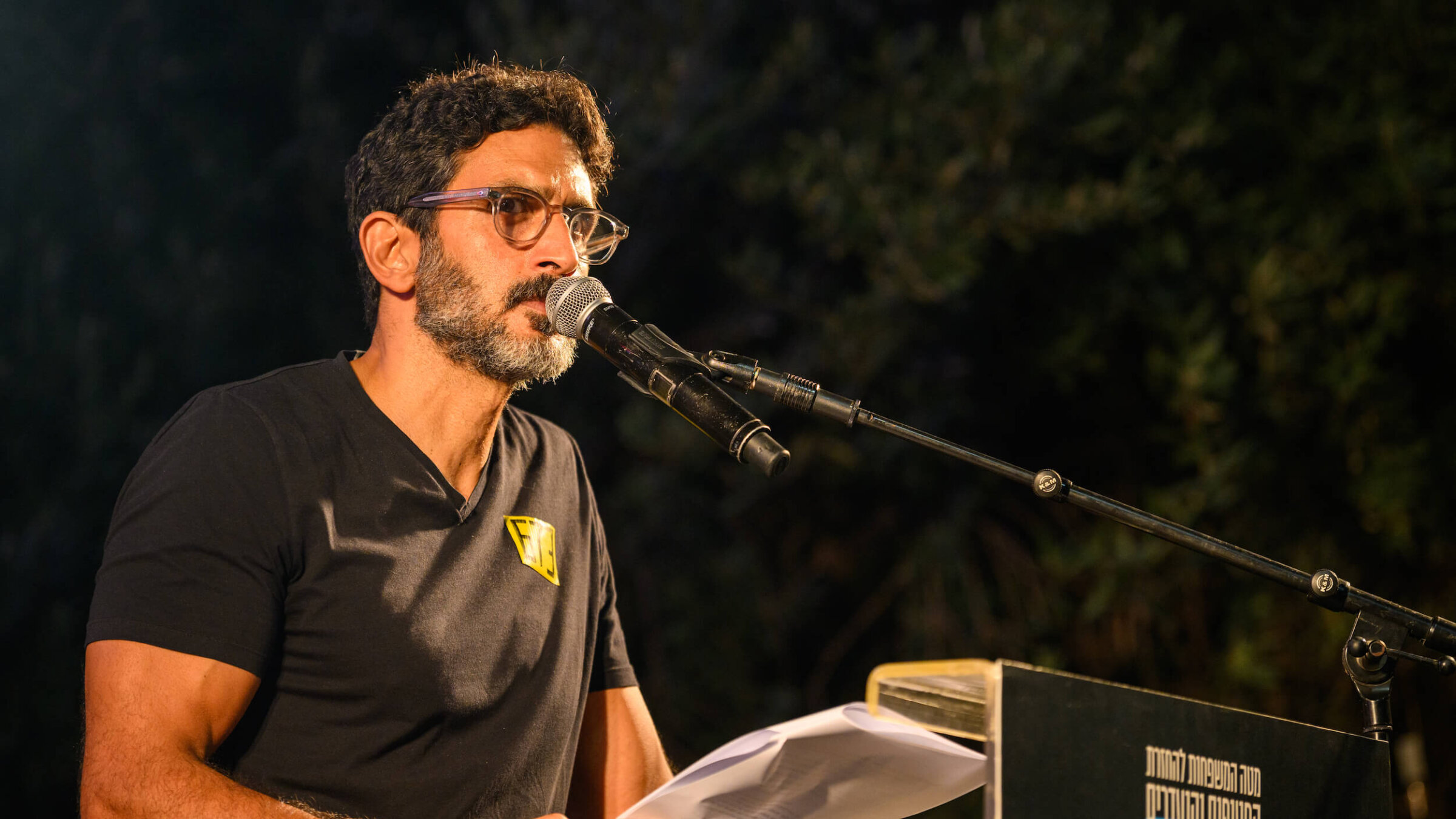 Actor Tsahi Halevi speaks during a "Families of Hostages" rally calling for an end to the war on Aug. 9, 2025 in Tel Aviv, Israel.
