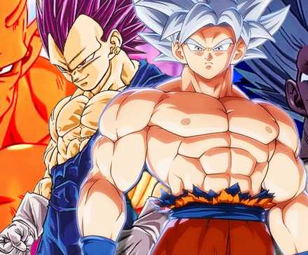 Orange Piccolo standing to the left of centered Ultra Instinct Goku and Ultra Ego Vegeta, with Beast Gohan to their right