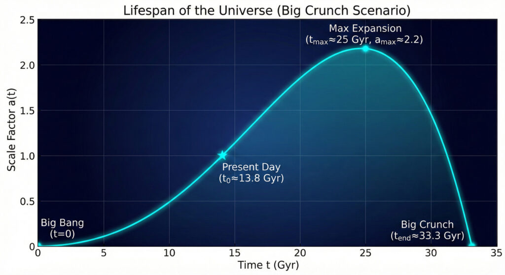 Graphic showing the projected life cycle of the universe including the end of expansion and a big crunch where the expansion quickly revereses