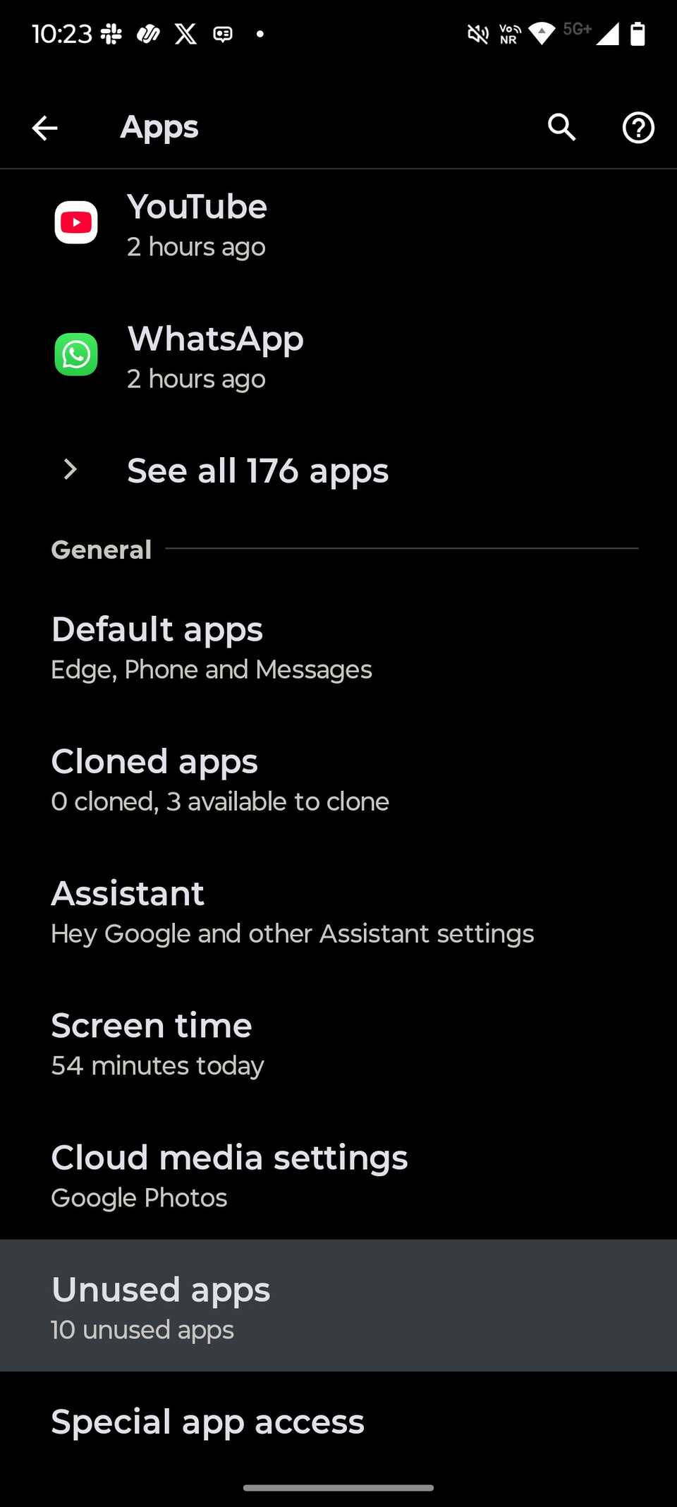 Screenshot showing unused apps setting in Hello UI
