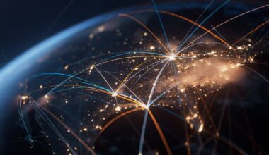 A satellite map of the U.S. with network nodes rendered atop it.