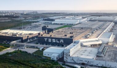 Tesla Gigafactory in Shanghai with Tesla logo.