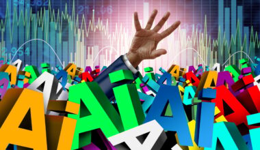 A hand emerging from a sea of the letters AI, in front of a stock market chart.