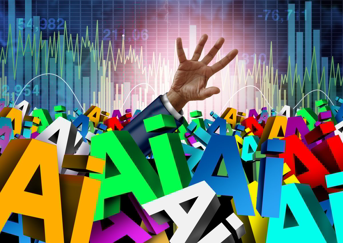 A hand emerging from a sea of the letters AI, in front of a stock market chart.