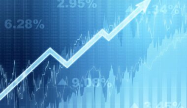 An arrow going up with percentages on a blue background