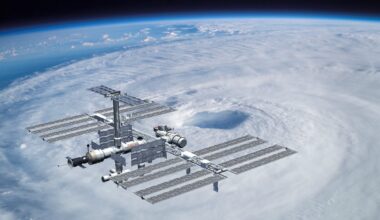 ISS International Space Station orbiting over a hurricane.