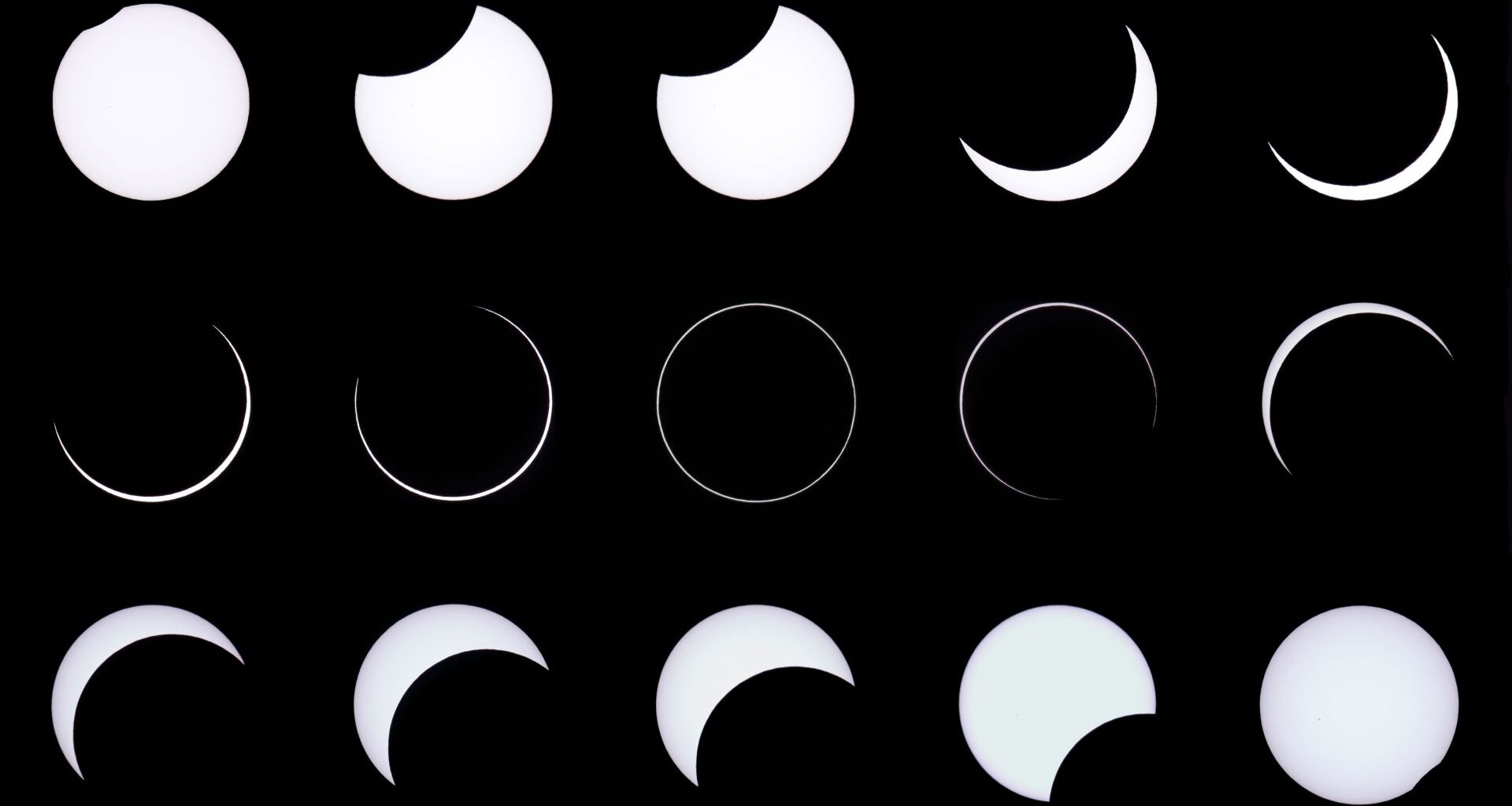 A composite image showing the various stages of an annular solar eclipse. Three rows of 5 sun images are shown on a black background, with the middle row showing the climax of the eclipse.