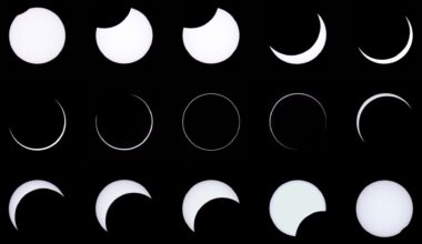 A composite image showing the various stages of an annular solar eclipse. Three rows of 5 sun images are shown on a black background, with the middle row showing the climax of the eclipse.