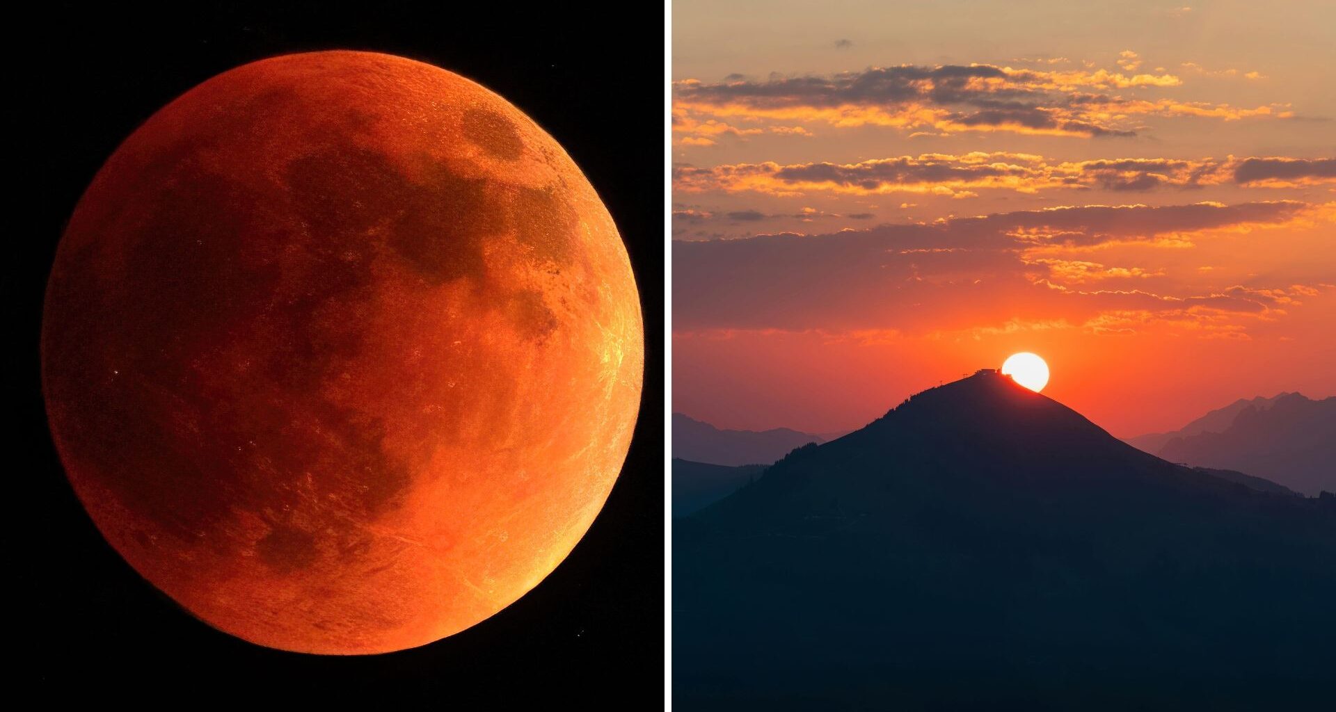 two panel image on the left is a close up view of a blood red moon during a total lunar eclipse and on the right is a rising sun behind a mountain.