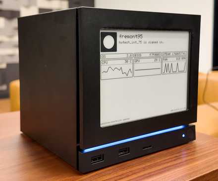A photo of Valve's Steam machine with an e-ink display