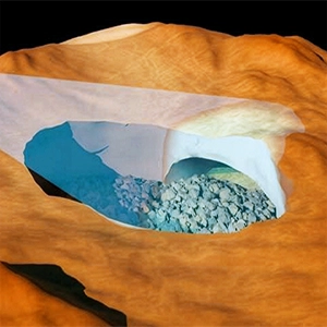 Venus skylight in the Nyx Mons region reveals a subsurface cave, hypothesized to be a lava tube. The feature was identified through analysis of radar images acquired by the SAR instrument aboard the NASA Magellan mission. Credit: University of Trento