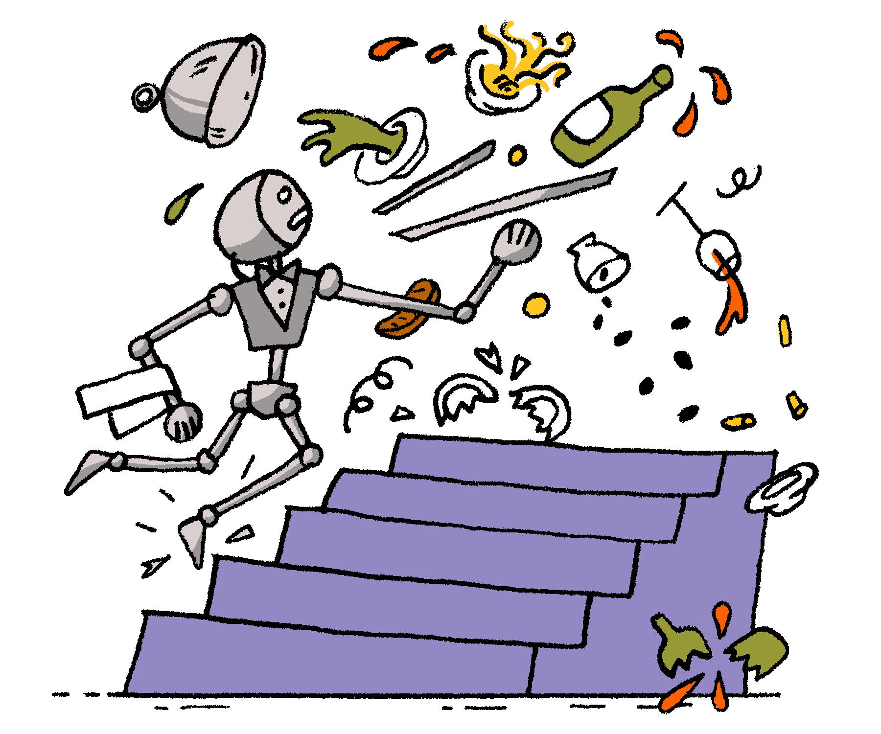 an illustration of a robot butler tripping up some stairs. Food and drinks fly everywhere.