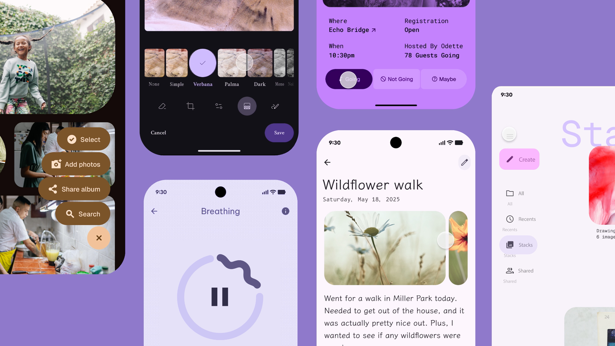 Google's screenshot examples for Material 3 Expressive designs, showing new colors, fonts, shapes, and motion effects
