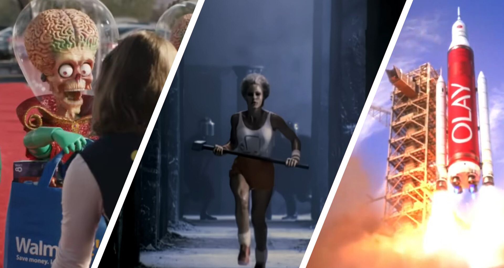 Split image showing screenshots from three Super Bowl ads for Walmart, Apple Macintosh, and Olay.