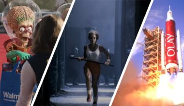 Split image showing screenshots from three Super Bowl ads for Walmart, Apple Macintosh, and Olay.