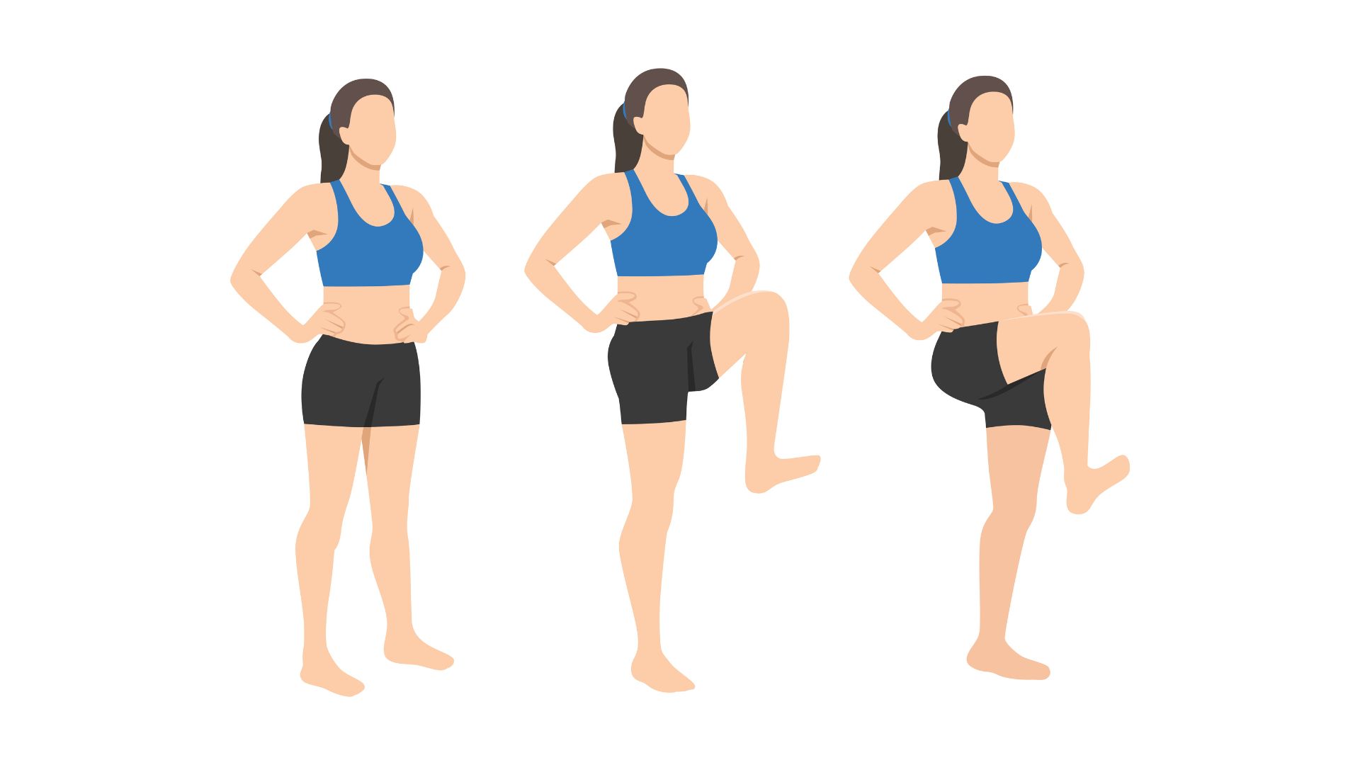 Illustration of a woman performing a standing knee raise, starting on both feet and then lifting each leg in turn.