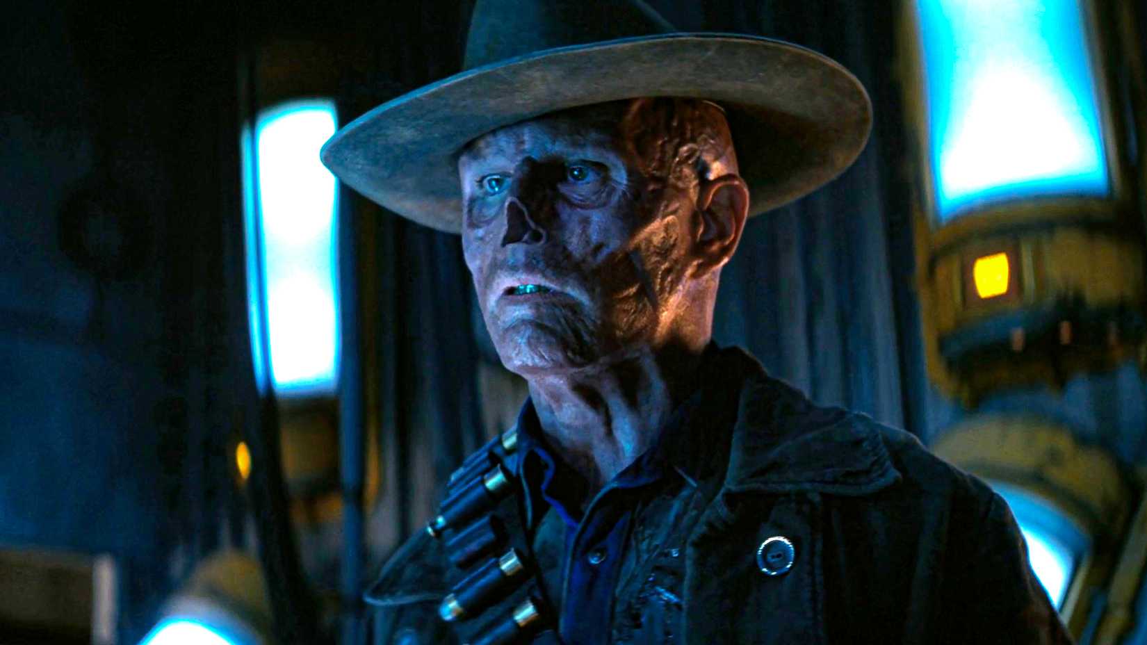 Walton Goggins' The Ghoul looking distraught inside a Vault-Tec cryo chamber in Fallout season 2