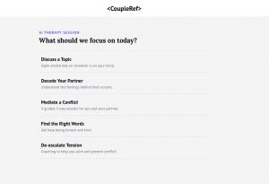 This is a picture of screen in CoupleRef where a user Can select the topic or goal of each AI-Therapy session, including selecting a 3-Way Conflict Mediation Session with their partner