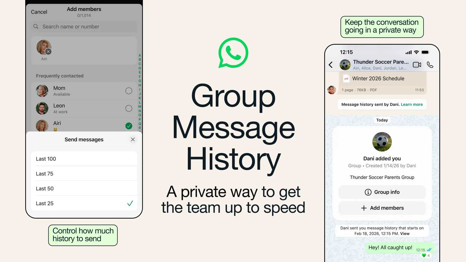 Promotional image showing features of WhatsApp Group Message HIstory