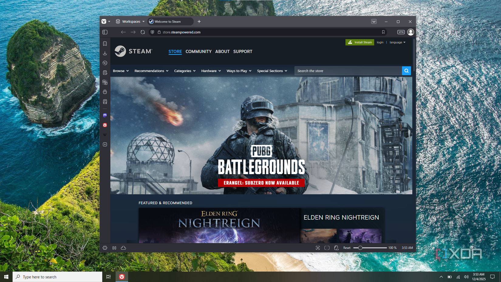 Screenshot of the Steam store web page open in Vivaldi on Windows 10 LTSC