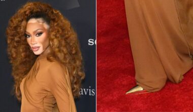 Winnie Harlow in metallic gold slingback pumps paired with Stéphane Rolland Couture at Clive Davis' 2026 Pre-Grammy Gala on Saturday night.