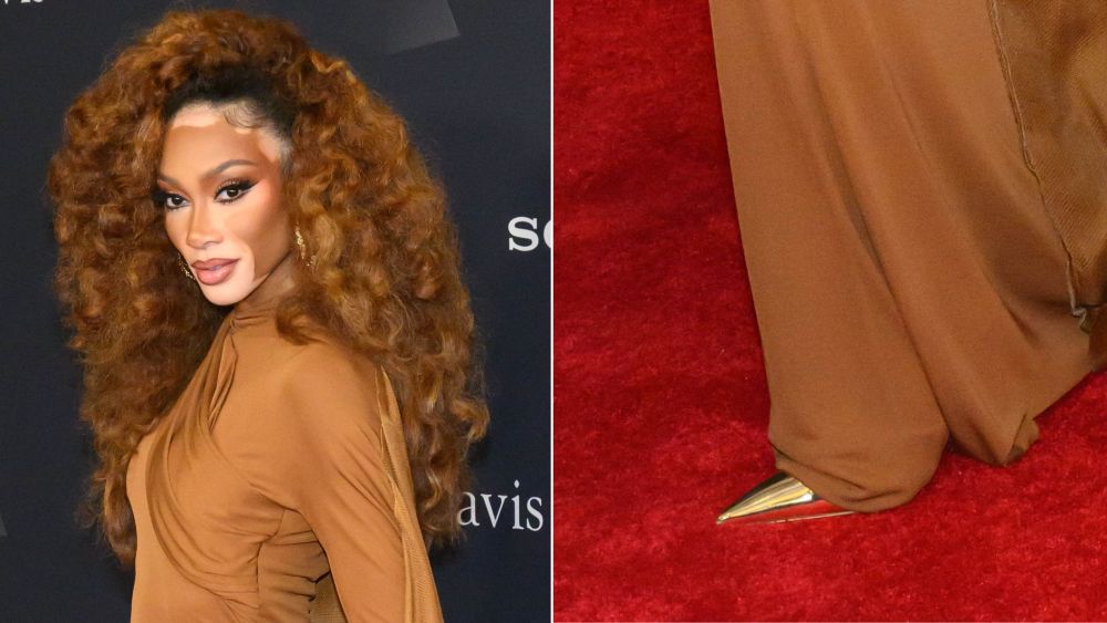Winnie Harlow in metallic gold slingback pumps paired with Stéphane Rolland Couture at Clive Davis' 2026 Pre-Grammy Gala on Saturday night.