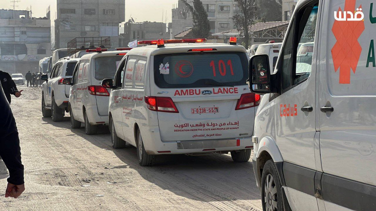 Ambulances transporting patients to the Rafah Crossing ahead of departure for treatment in Egypt (Quds Agency, February 8, 2026)