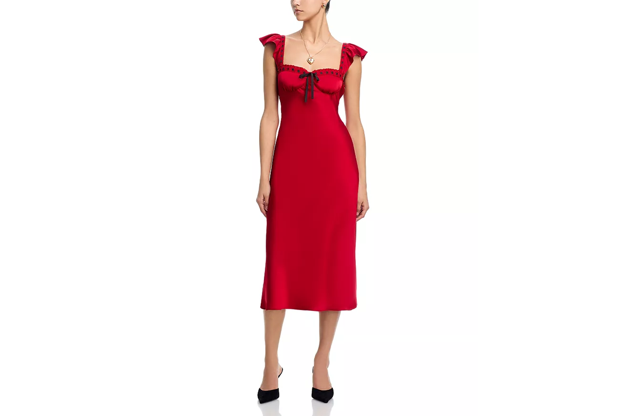 A headless mannequin models a red midi-length dress with a square neckline, ruffled cap sleeves, and a black ribbon tied in a bow at the bust.