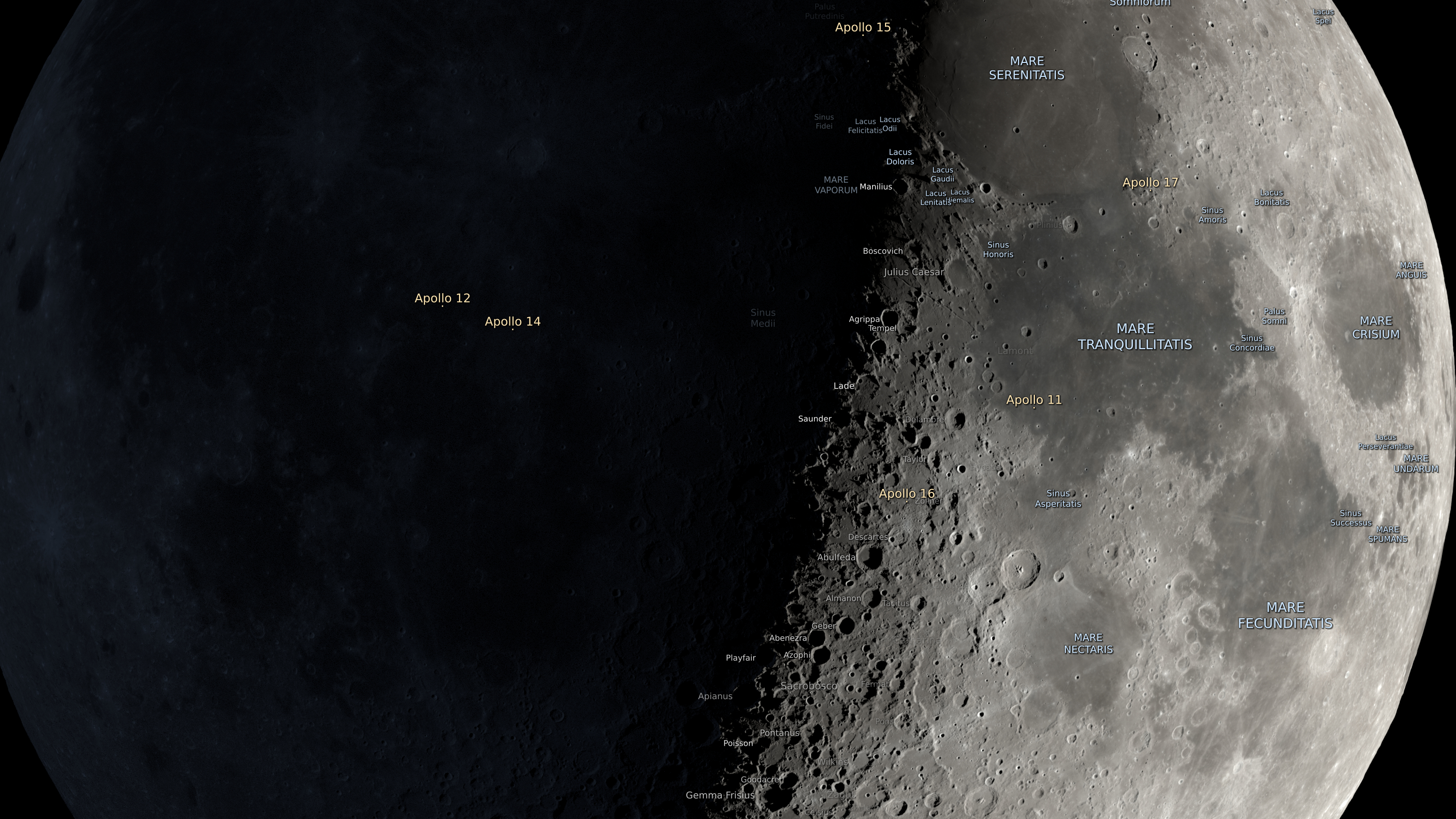 An image of the lunar surface with its right half lit by sunlight. Major craters, lunar seas and geographical features are labelled by name.