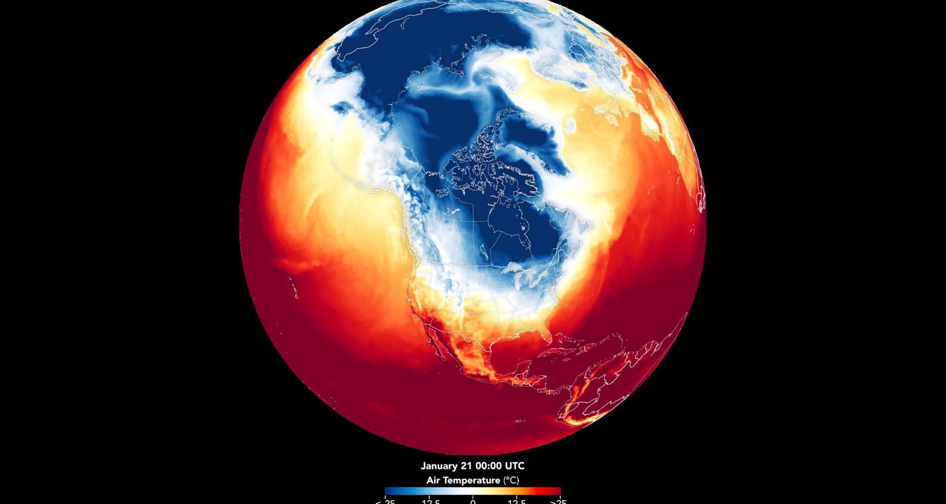 A heat map of the Earth's northern hemisphere, with a dark blue shape over the US showing a severe winter storm