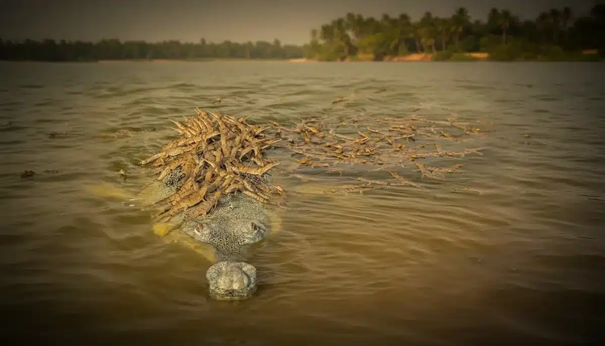 You’ve Never Seen Anything Like This: 100 Baby Crocodiles Ride on Their Father’s Back in Jaw-Dropping Wildlife Photo