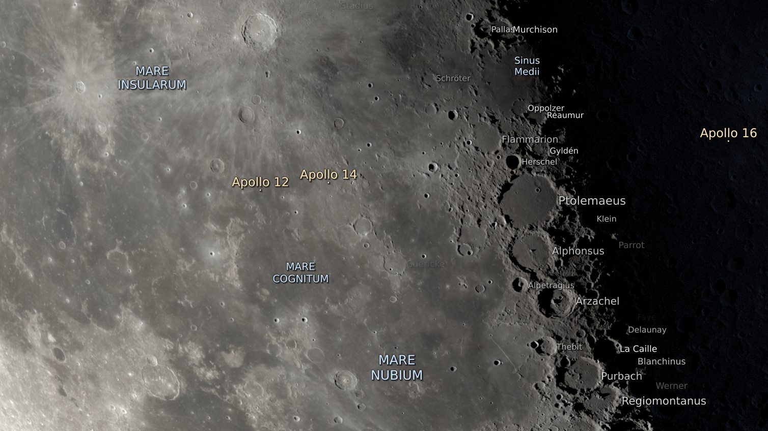 A visualization of the third quarter moon showing key craters and other features labelled on the lunar surface.