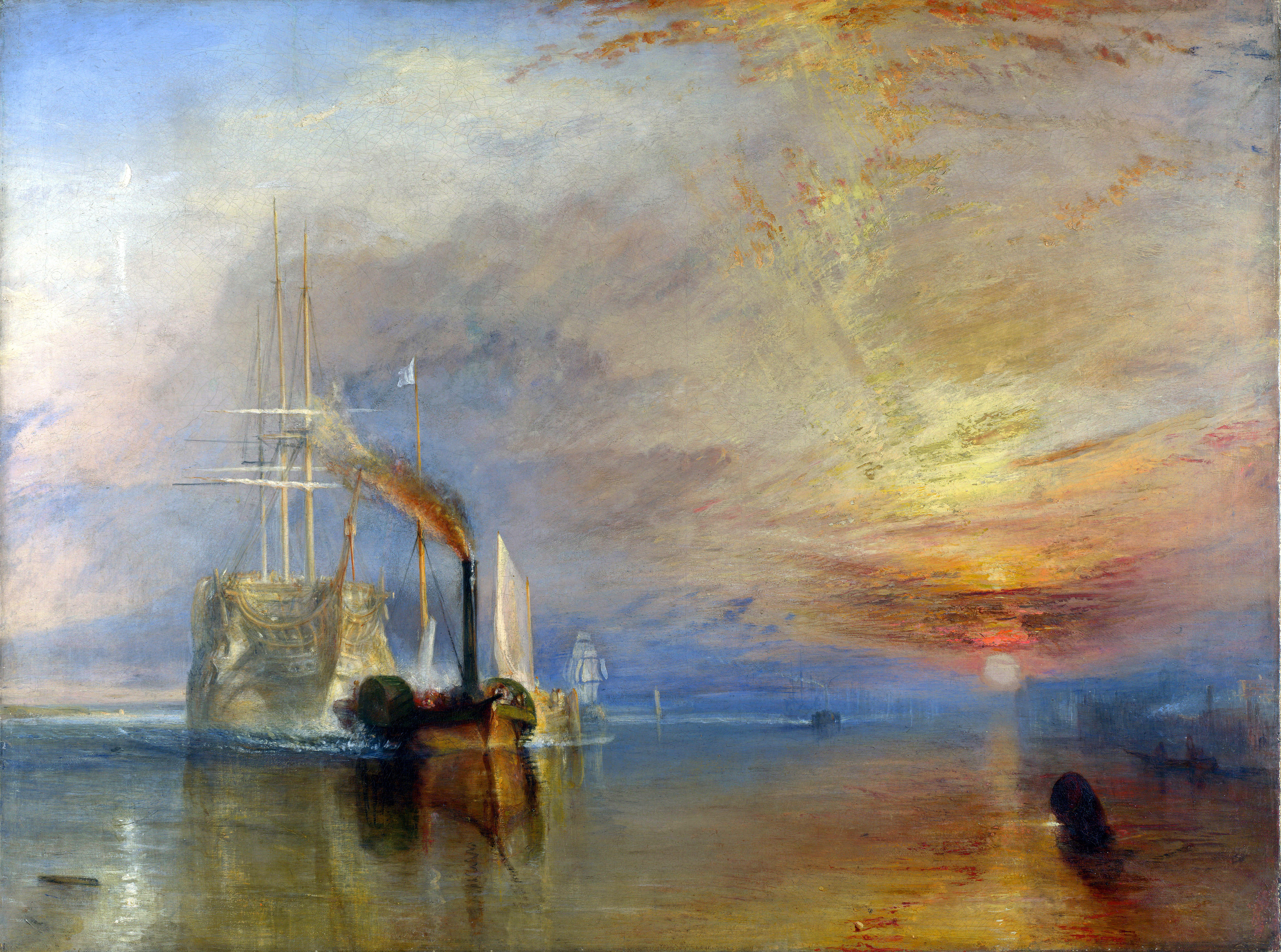 Illustration of a tall ship being tugged by a smaller, steam-powered boat into a hazy, colorful sunset.