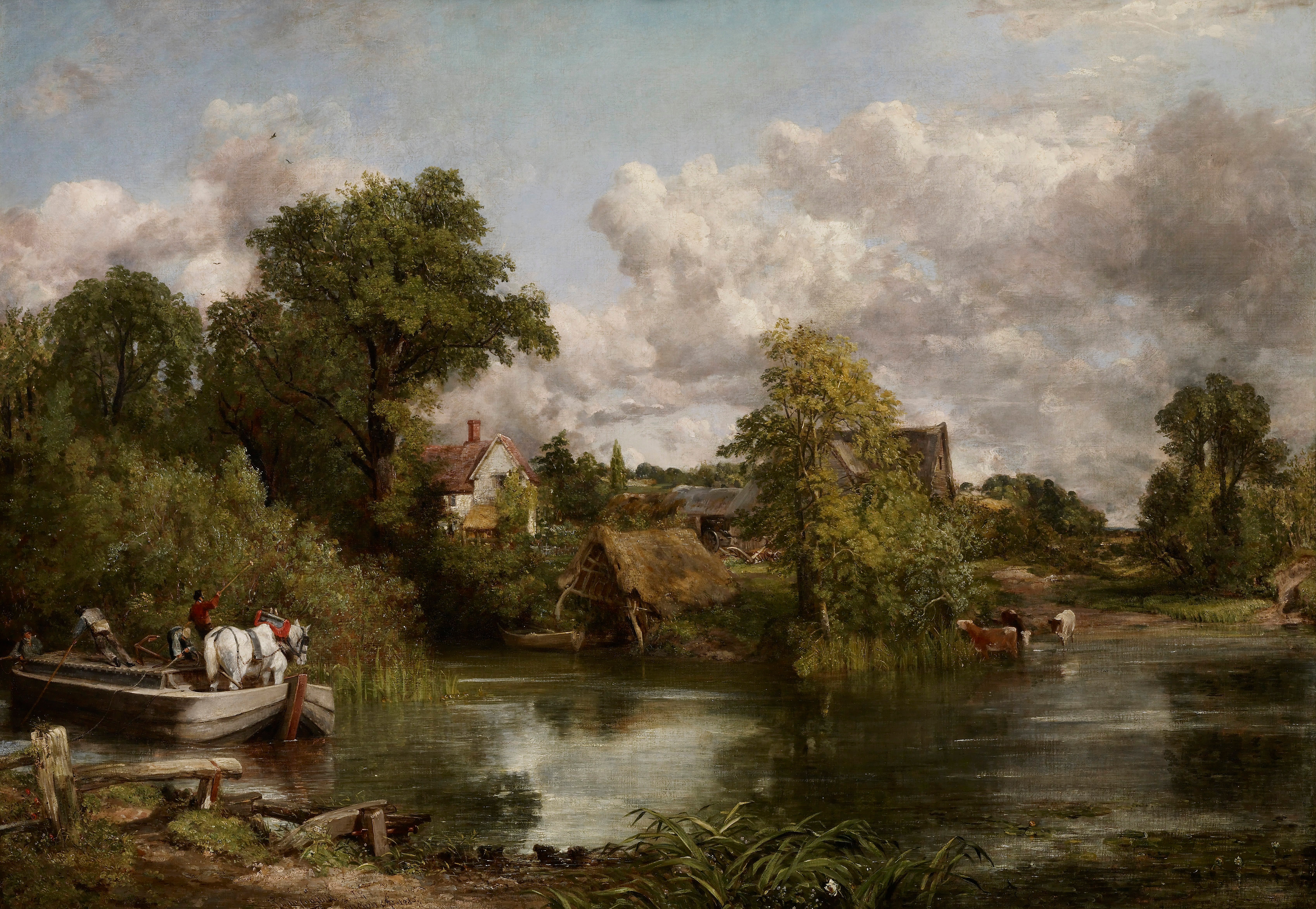 Painting titled "The White Horse" by John Constable, showing a horse on a barge in a river, with people, houses, and cattle.
