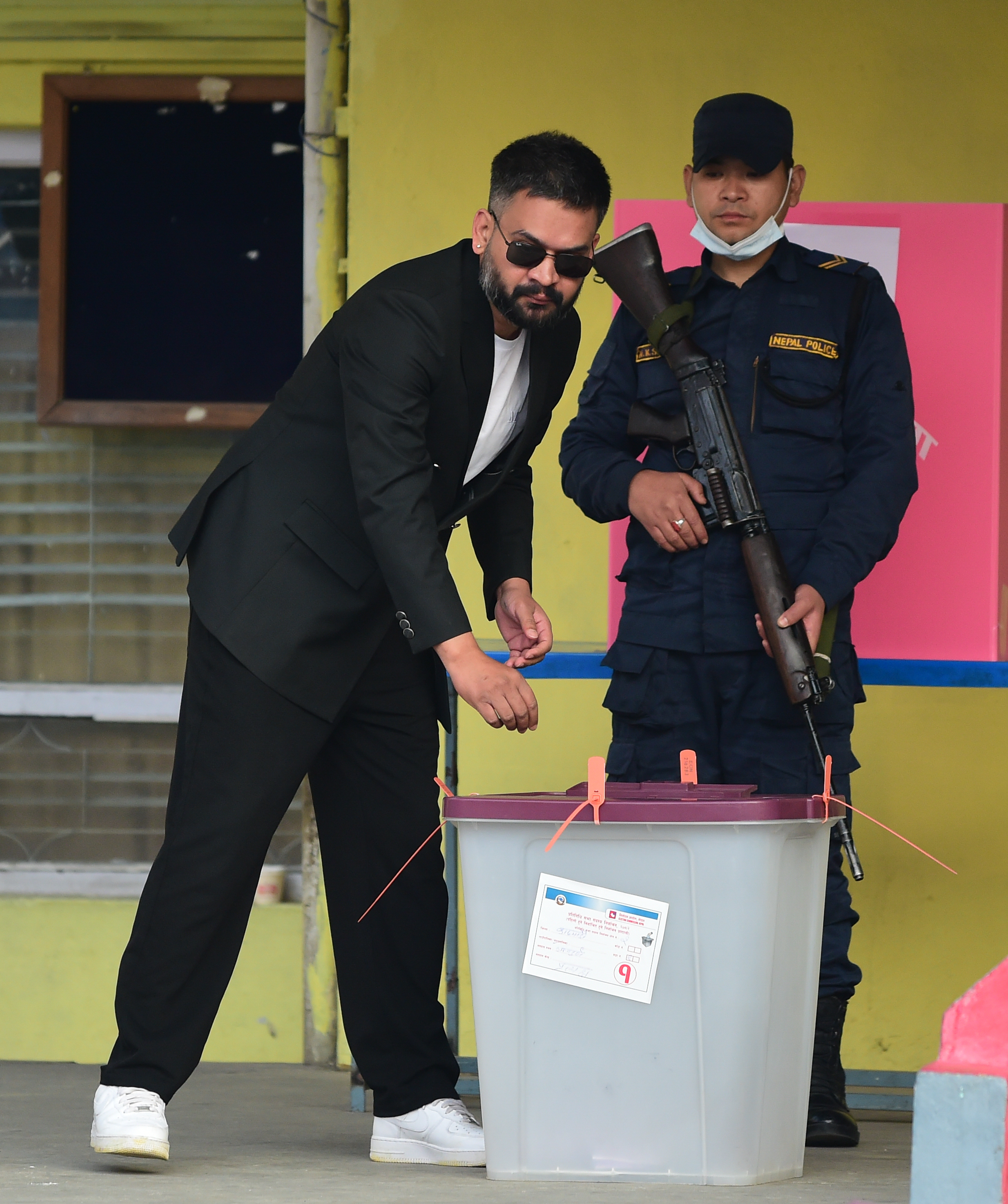 Balendra Shah casts his vote in the parliamentary election in Kathmandu, Nepal.