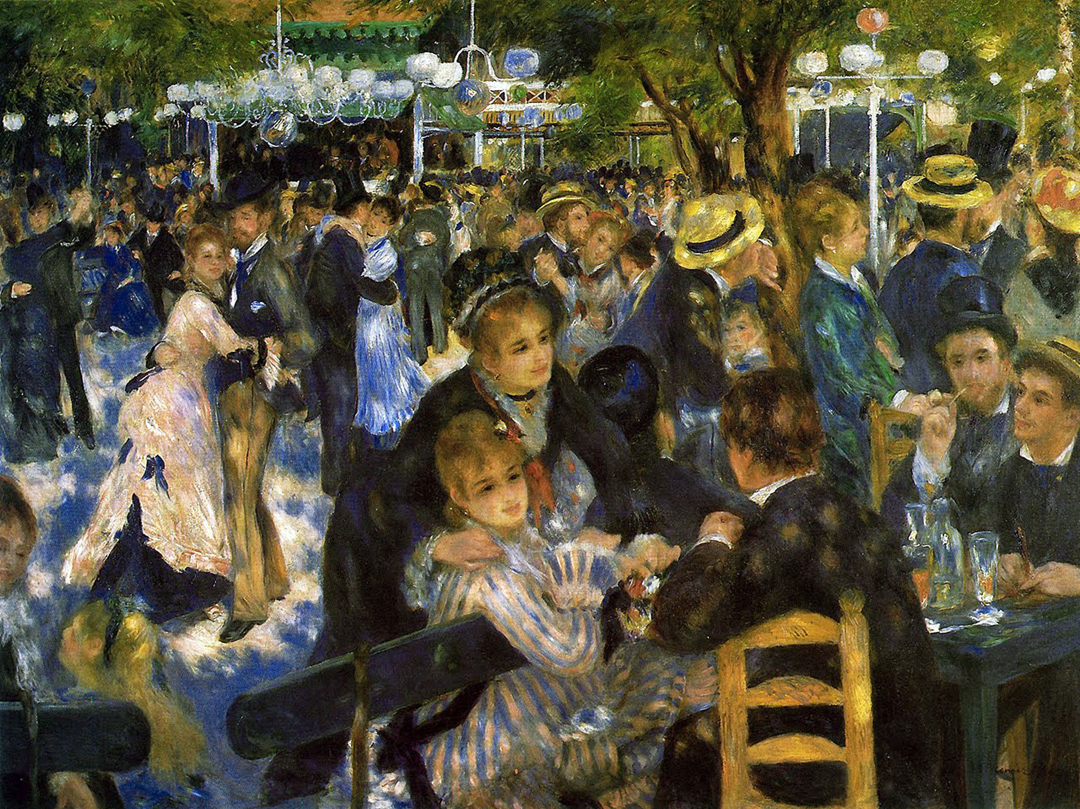 Illustration of Bal du moulin de la Galette by Pierre-Auguste Renoir, depicting a vibrant outdoor dance scene with many people dressed in late 19th-century attire.