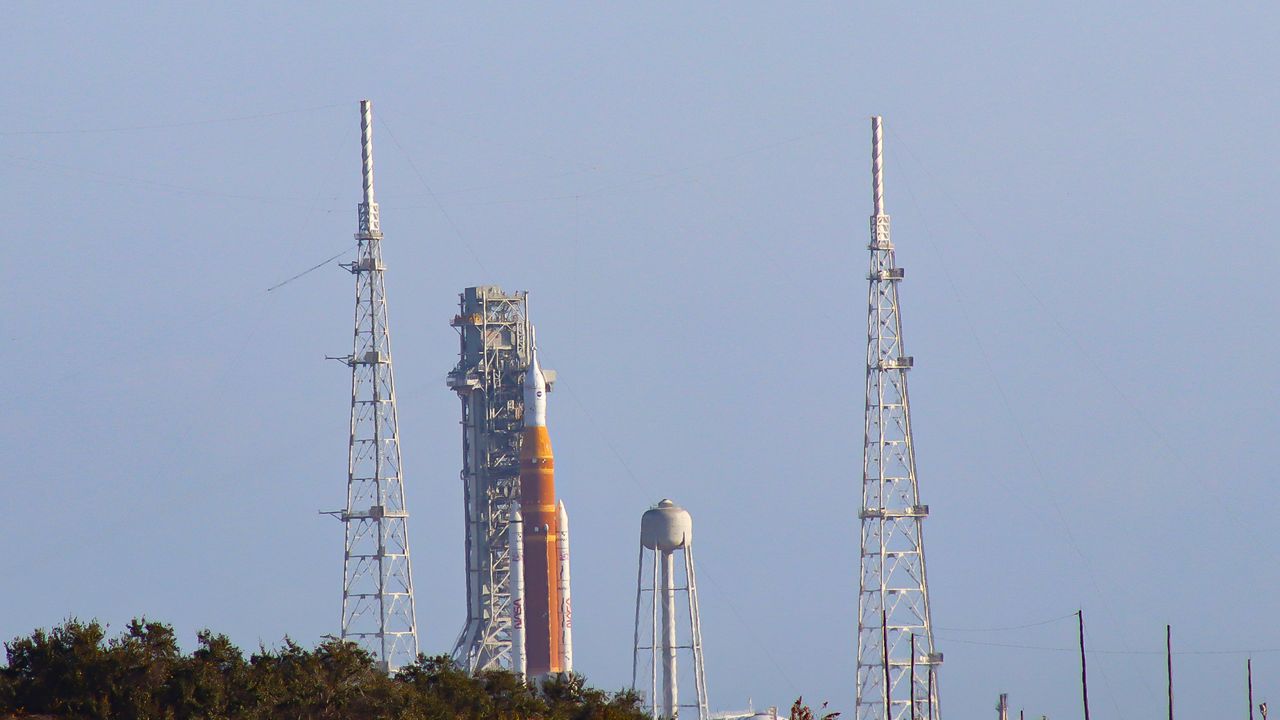 The Artemis II moon rocket is seen at Launch Pad 39B at the Kennedy Space Center on Friday, Feb. 13, 2026. (Spectrum News/Anthony Leone)