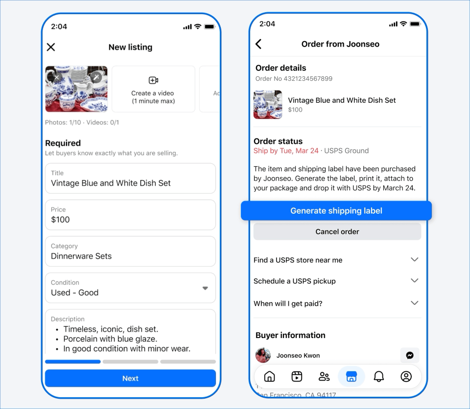 GIF showing the simplified user interface to ship items on Facebook Marketplace.