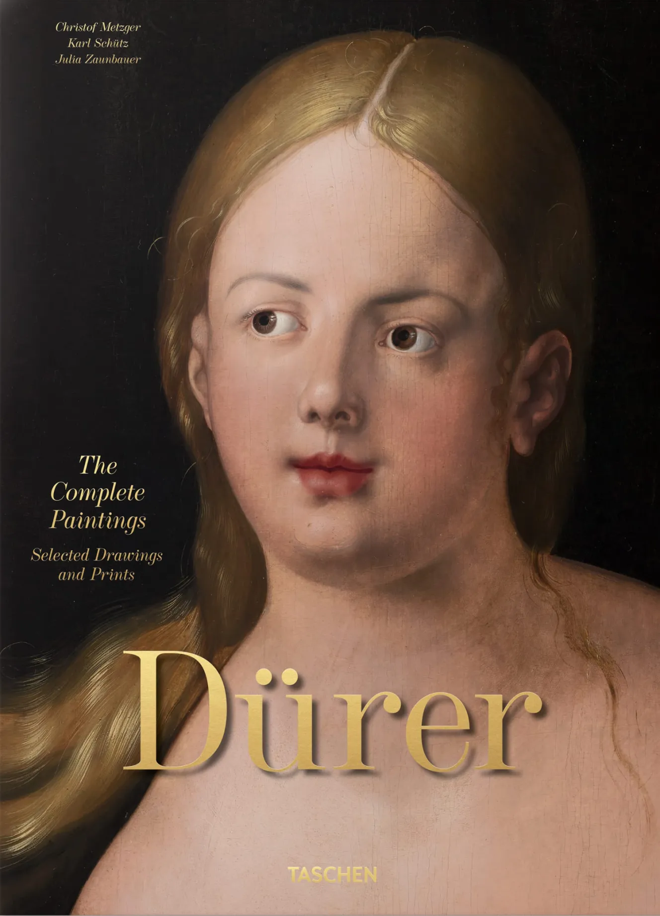 Book cover for "Dürer: The Complete Paintings, Selected Drawings and Prints" featuring a portion of a Renaissance-era painting of a woman with red lips and blonde hair.